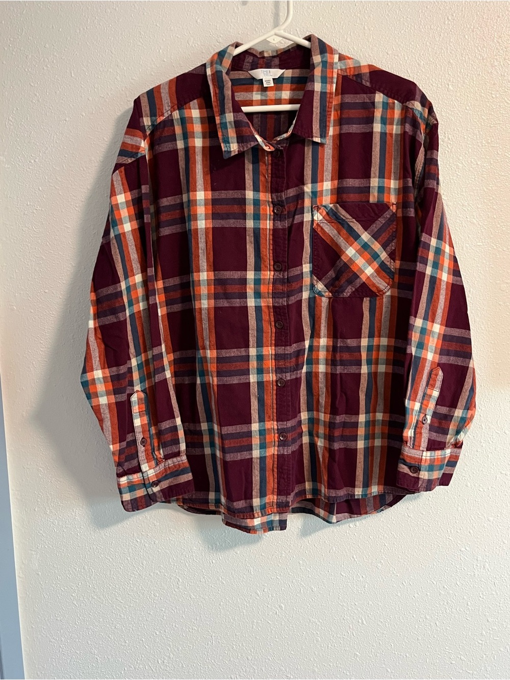 Time and Tru Burgundy, Burgundy and Orange Plaid Button-Down Shirt Size XXXL
